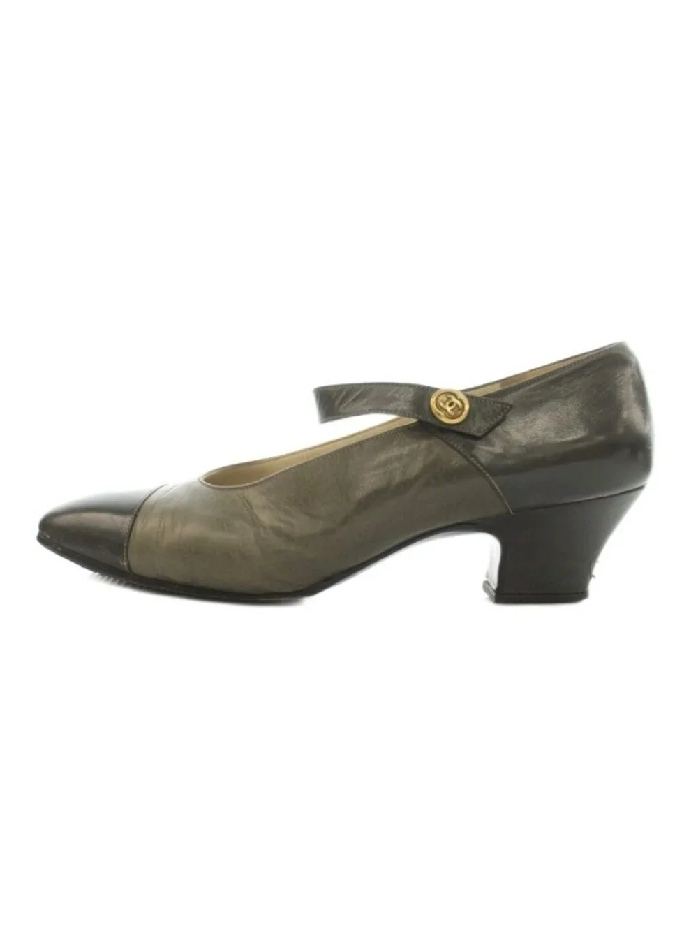 Chanel Strap Pumps Square Toe Chunky Heel Low Leather Bicolor CC Logo